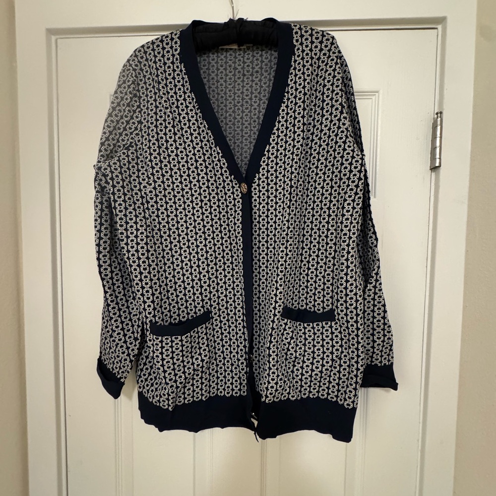 Tory Burch Navy and White Patterned Cardigan
